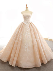 Champagne Ball Gown Strapless Lace Floor Length Wedding Dress