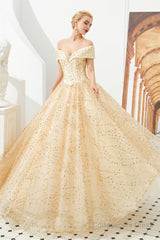 Champagne Gold Off-the-Shoulder Tulle Ball Gown Sequins Princess Prom Dresses for Girls