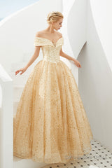 Champagne Gold Off-the-Shoulder Tulle Ball Gown Sequins Princess Prom Dresses for Girls