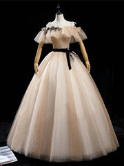 Champagne Gold Tulle Appliques Quinceanera Dress