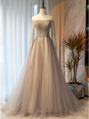 Champagne Gray Tulle Long Sleeve Beading Prom Dress