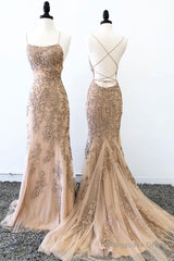 Champagne Mermaid Backless Lace Appliques Long Prom Dresses, Champagne Lace Formal Dresses, Champagne Graduation Evening Dresses