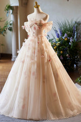 Champagne Off the Shoulder Tulle Floral Floor Length Long Prom Dresses