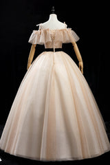 Champagne Shiny Tulle Floor Length Prom Dress, Off the Shoulder Evening Dress