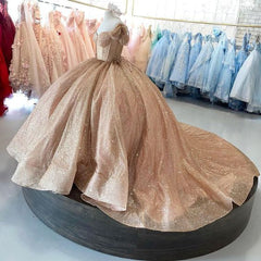 Champagne Sparkle Ball Gown Off-the-Shoulder Short Sleeves Quinceanera Dress