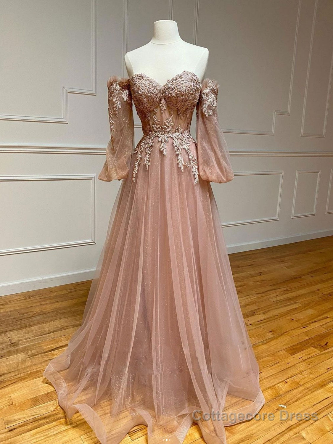 Champagne sweetheart neck tulle lace long prom dress, lace evening dress