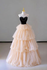 Champagne Sweetheart Tulle Layers Long Party Dress, Strapless A-Line Prom Dress