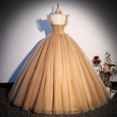 Champagne Tulle Beaded Long Sweet 16 Formal Dresses, Champagne Party Dresses