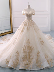 Champagne Tulle Gold Appliques Off The Shoulder Wedding Dress