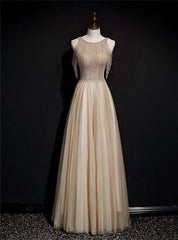 Champagne Tulle Hand Work Beading Long Prom Dress