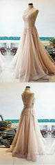 Champagne tulle lace long prom dress, champagne tulle evening dress