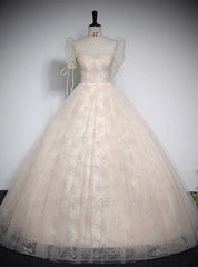 Champagne Tulle Lace Sequins Short Sleeve Quinceanera Dress