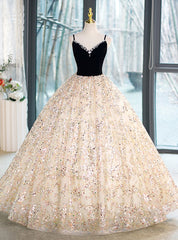 Champagne Tulle Sequins Black Velvet Crystal Quinceanera Dress