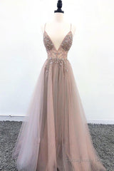 Champagne v neck tulle long prom dress, champagne evening dress