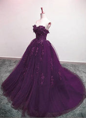 Charming Ball Gown Purple Tulle Sweetheart Lace Applique Formal Dress, Purple Sweet 16 Dresses