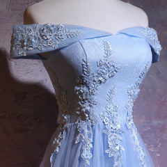 Charming Blue Elegant Tulle Party Dress with Lace Applique, Long Prom Dress