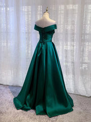 Charming Dark Green Satin Long Junior Prom Dress, Off Shoulder Evening Gown