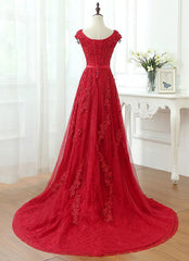 Charming Dark Red Lace A-line Long Prom Dress, Red Evening Gown