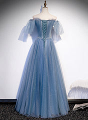 Charming Light Blue Tulle Puffy Sleeves Floor Length Party Dress, Blue A-line Pricess Gowns Prom Dress