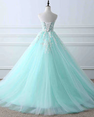 Charming Mint Green Tulle Ball Gown Sweet 16 Dress, Lace Applique Prom Dress