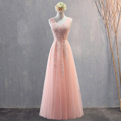 Charming Pearl Pink Tulle Simple Party Dress with Lace, V-neckline Long Formal Dress