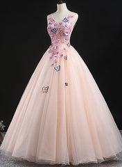 Charming Pink Flowers Ball Gown Long Sweet 16 Dress, Pink Prom Dress