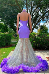 Charming Purple Long Mermaid Halter Satin Tulle Prom Dress