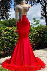 Charming Red Long Mermaid Tassel One Shoulder Satin Backless Prom Dress