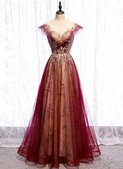 Charming Tulle Cap Sleeves Long New Party Gown, Prom Dress