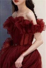 Charming Wine Red Off Shoulder Tulle Beaded Party Dress, Wine Red Prom Dress