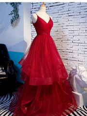 Charming Wine Red Straps Sweetehart Layers Tulle Prom Dress, Long Party Dress