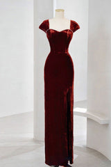 Charming Wine Red Velvet Cap Sleeves Long Party Dress, Wedding Party Dresses