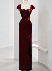 Charming Wine Red Velvet Cap Sleeves Long Party Dress, Wedding Party Dresses