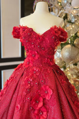 Chic Ball Gown V Neck Beads Appliques Red Off-the-Shoulder Long Quinceanera Dresses With Petticoat