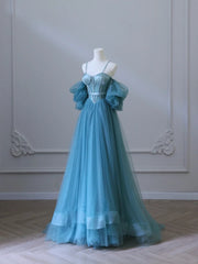 Chic Blue Sweetheart Straps Off Shoulder Tulle Formal Dress, Blue Prom Dress