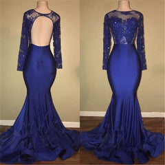 Chic Open Back Royal Blue Real Model Prom Dresses Lace Long Sleeves Mermaid Evening Gown