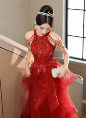 Chic Red Tulle Halter A-Line Long Evening Dress, Tulle Prom Dress Party Dress