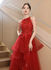 Chic Red Tulle Halter A-Line Long Evening Dress, Tulle Prom Dress Party Dress