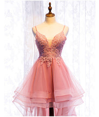 Chic V-neckline Lace Applique Tulle High Low Straps Homecoming Dress, Tulle Short Prom Dress