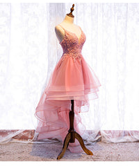 Chic V-neckline Lace Applique Tulle High Low Straps Homecoming Dress, Tulle Short Prom Dress