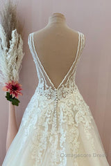 Classy Long A-Line Sweetheart Appliques Lace Tulle Backless Wedding Dress