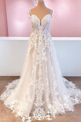 Classy Long A-Line Tulle Spaghetti Straps Appliques Lace Backless Wedding Dress