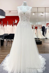 Classy Long A-line Tulle V Neck Sleeveless Lace Wedding Dress