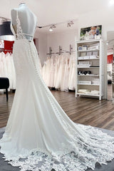 Classy Long Mermaid V-neck Satin Open Back Wedding Dress with Lace Appliques