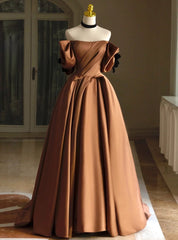 Coffee Satin Off the Shoulder Pleats Prom Dress