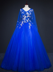 Come In All Styles And Colors Royal Blue Ball Gown Tulle V-neck Appliques Quinceanera Dress