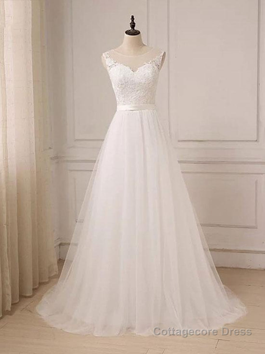 Custom Made A Line Round Neck Lace Tulle White Long Prom Dresses, White Lace Formal Dresses, White Evening Dresses