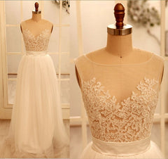 Custom Made A Line Round Neck Ivory Lace Wedding Dresses, Deep V Neck Back Prom Dress, Ivory Dresses For Wedding