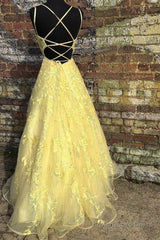 Custom Made Backless Yellow Lace Floral Long Prom Dress, Yellow Lace Formal Graduation Evening Dress