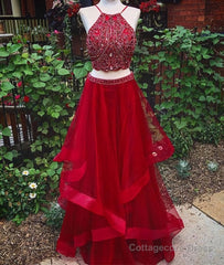 Custom Made Beaded Red Halter Two Piece Prom Dresses ,Formal Dresses